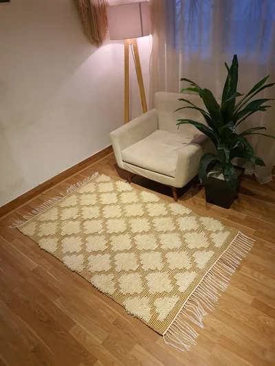 Handmade Modern Off White And Mustard Kilim