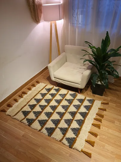 Handmade Modern Off White, Gray And Mustard Kilim