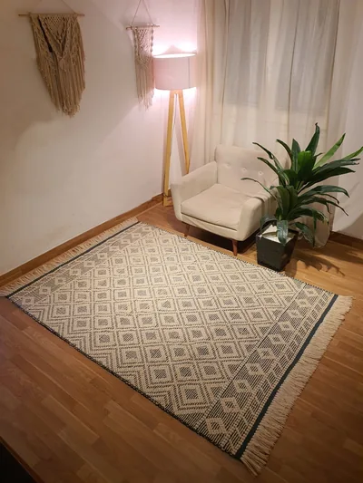 Handmade Modern Dark Blue And Off White Kilim