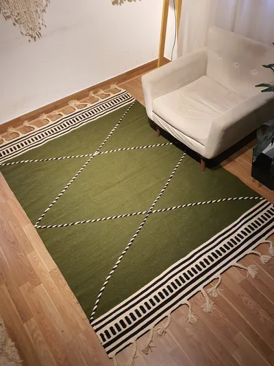 Handmade Modern Green, Dark Blue And Off White Kilim