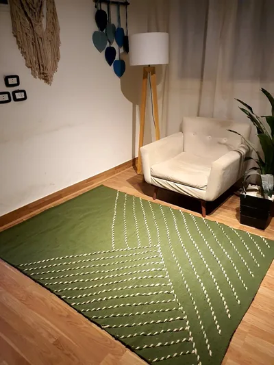Handmade Modern Green And Off White Kilim