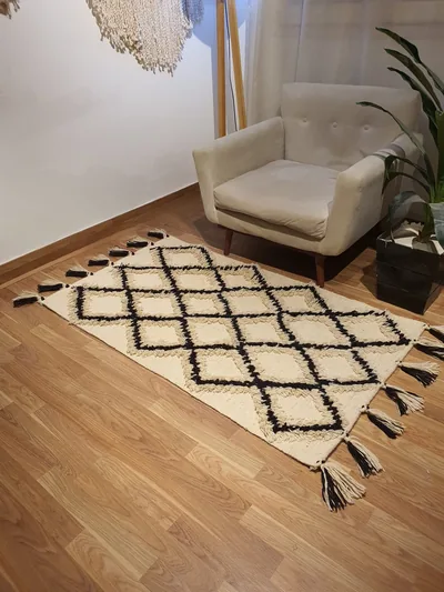 Handmade Modern Black And Off White Kilim