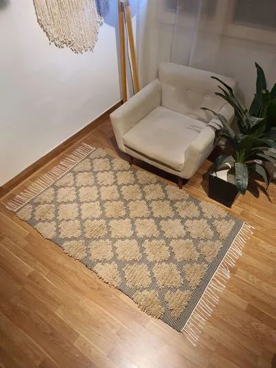 Handmade Modern Dark Blue And Beige Kilim