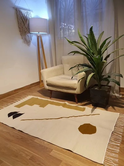 Handmade Modern Light Beige And Mustard Yellow And Dark Brown And Black And Light Brown Kilim