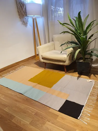 Handmade Modern Light Blue And Light Beige And Mustard Yellow And Light Gray And Black Kilim