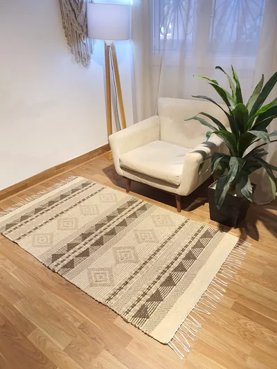 Handmade Modern Off White, Brown, Beige Kilim