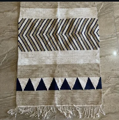 Handmade Modern Beige, Navy Blue And White Kilim