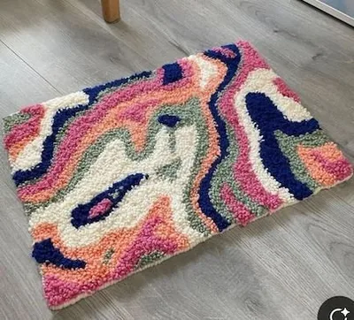 Handmade Modern White, Dark Blue, Pink, Light Orange And Olive Green Tufted Rug