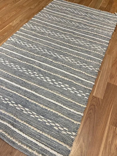 Handmade Modern White And Light Blue Cotton Kilim