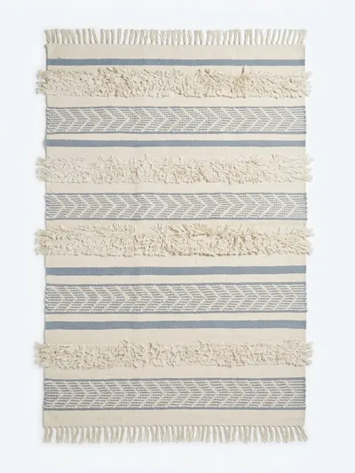 Handmade Modern White And Light Blue Cotton Kilim