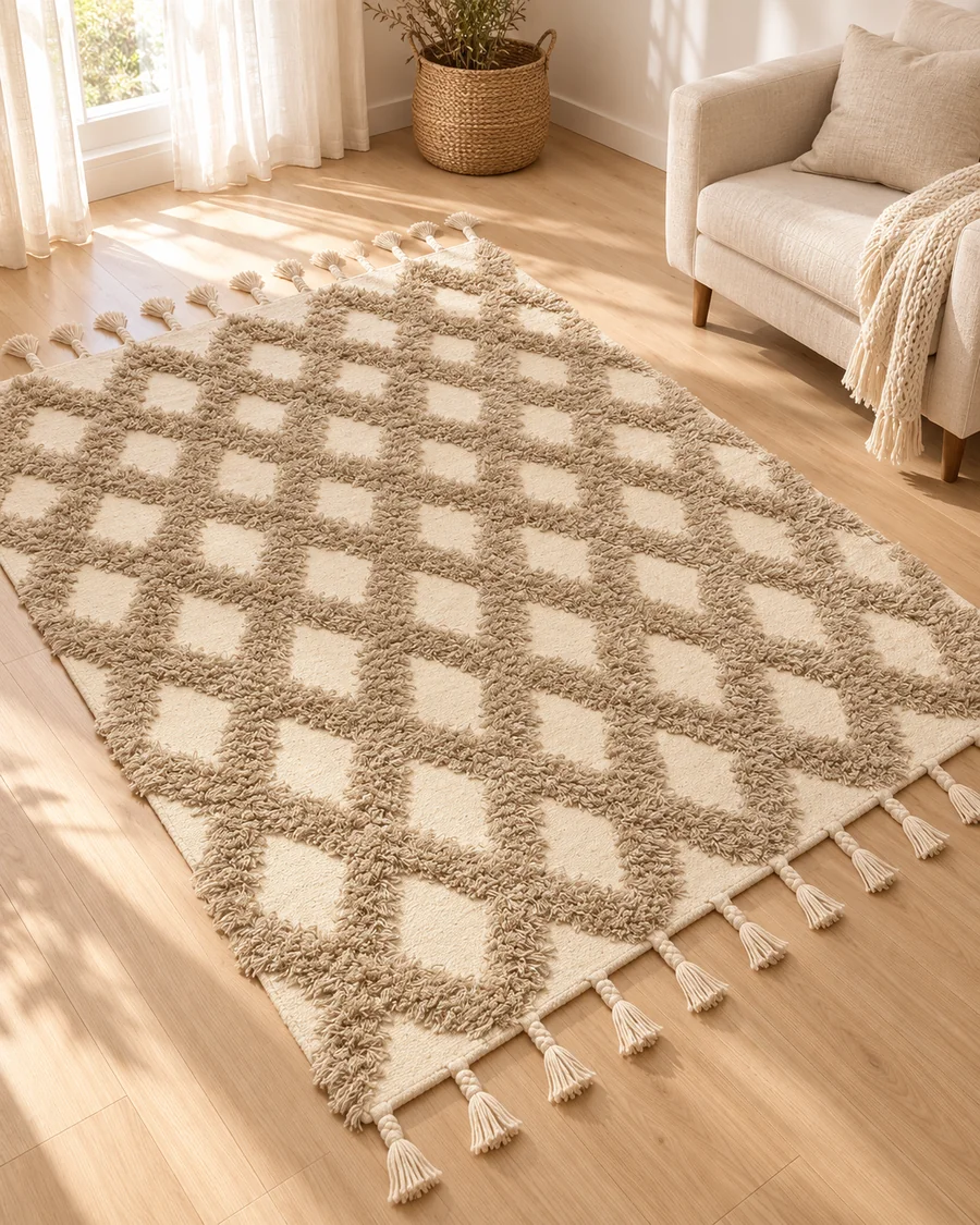 An off-white and beige diamond 3D kilim in a sunlit room