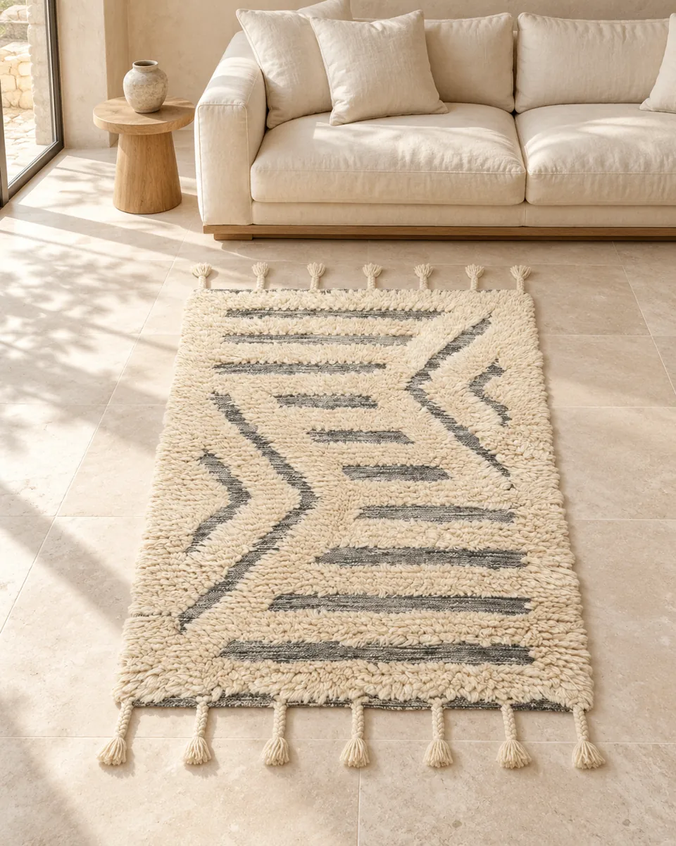 Off-white and gray textured 3D kilim styled beside a cream sofa in natural daylight