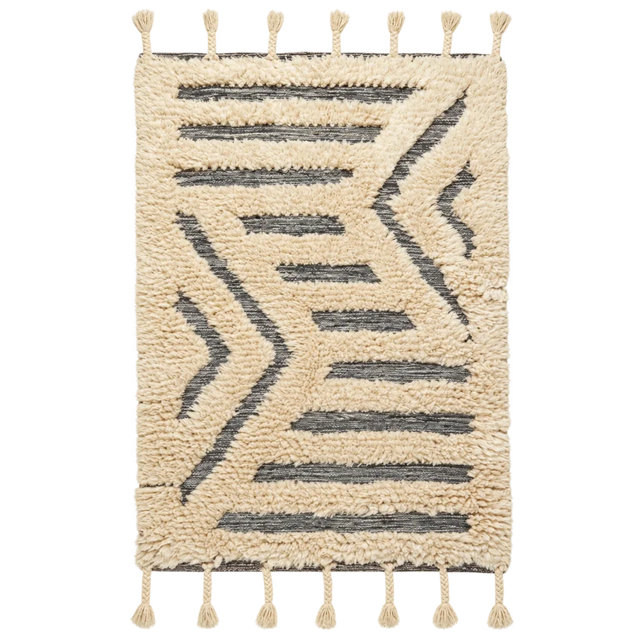 Off-white and gray textured kilim with fringed edges