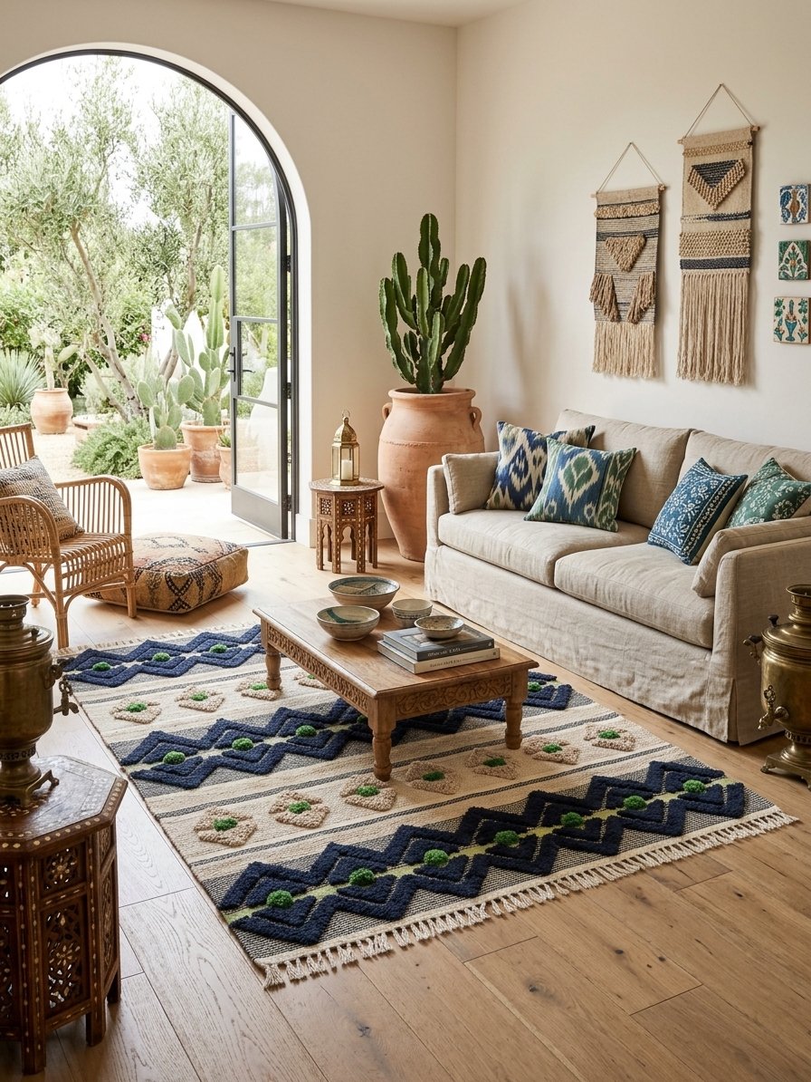 Handmade Modern Off White, Dark Blue And Green Kilim - Image 3