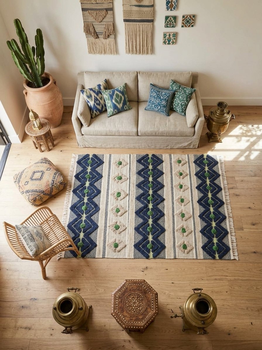Handmade Modern Off White, Dark Blue And Green Kilim - Image 2