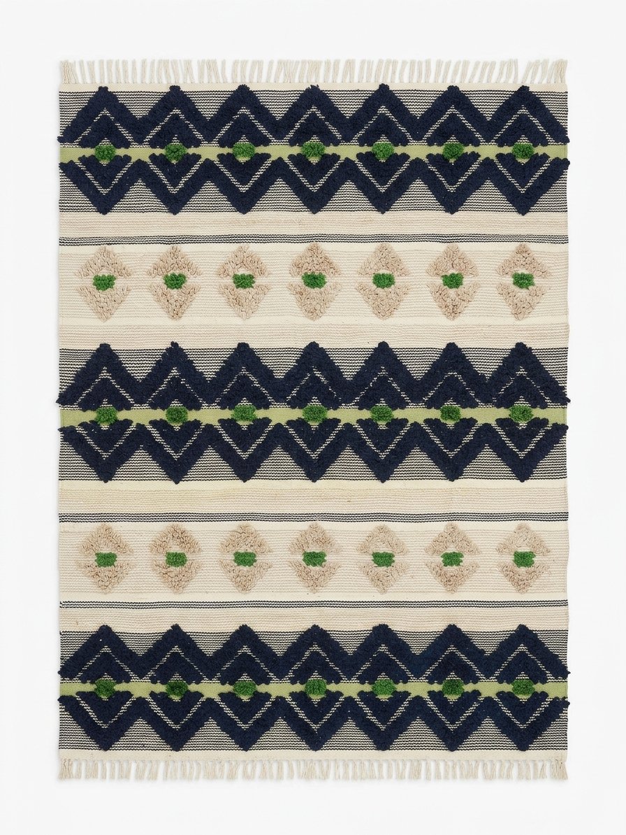 Handmade Modern Off White, Dark Blue And Green Kilim