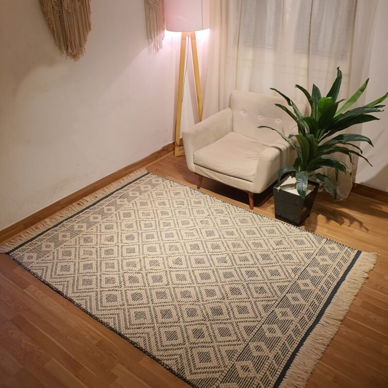 Handmade Modern Dark Blue And Off White Kilim