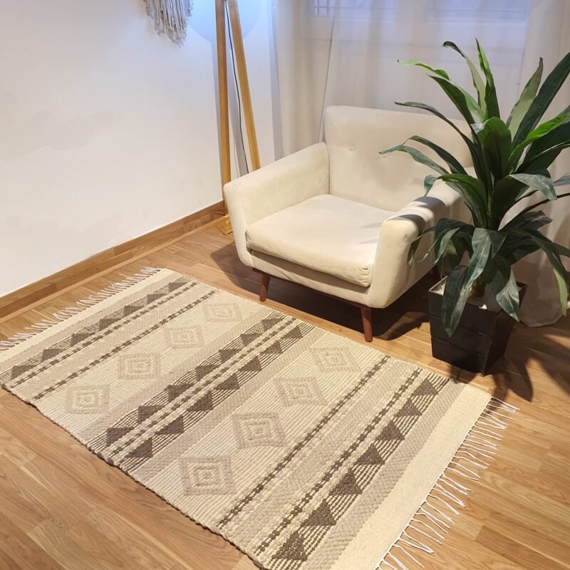 Handmade Modern Off White, Brown, Beige Kilim