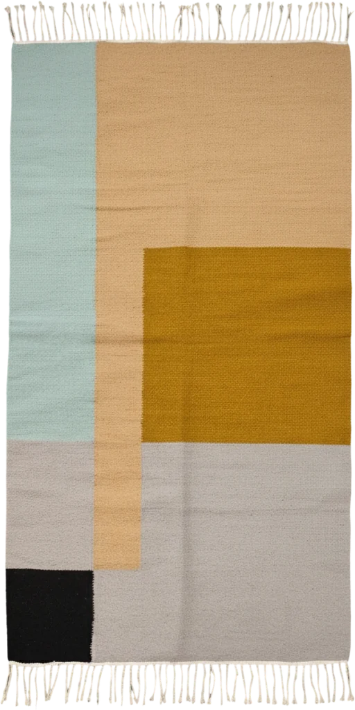 Handmade Modern Light Blue And Light Beige And Mustard Yellow And Light Gray And Black Kilim