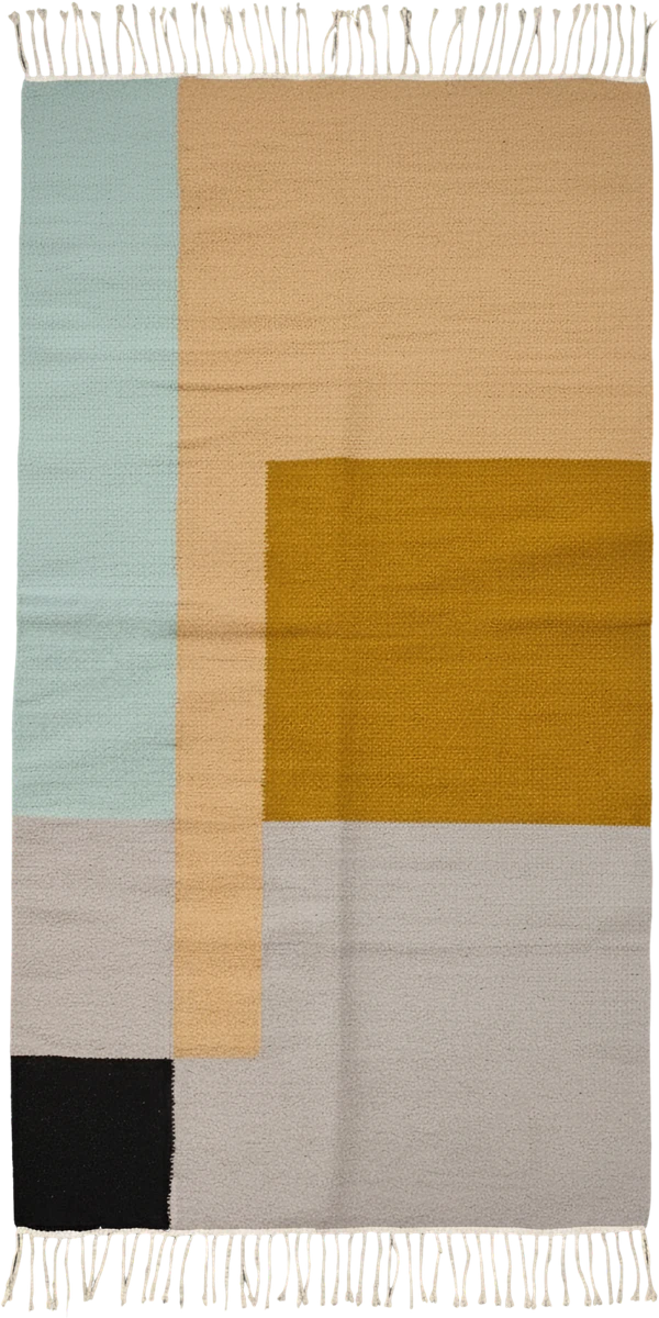 Handmade Modern Light Blue And Light Beige And Mustard Yellow And Light Gray And Black Kilim