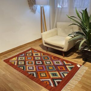 Handmade Modern Multicolor With Dark Red Base Kilim
