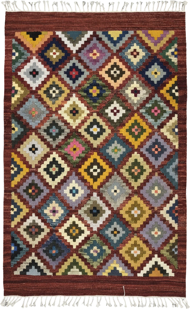 Handmade Modern Multicolor With Dark Red Base Kilim