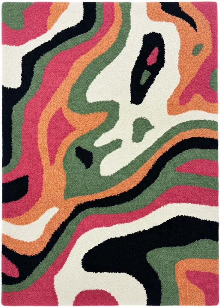 Handmade Modern White, Dark Blue, Pink, Light Orange And Olive Green Tufted Rug