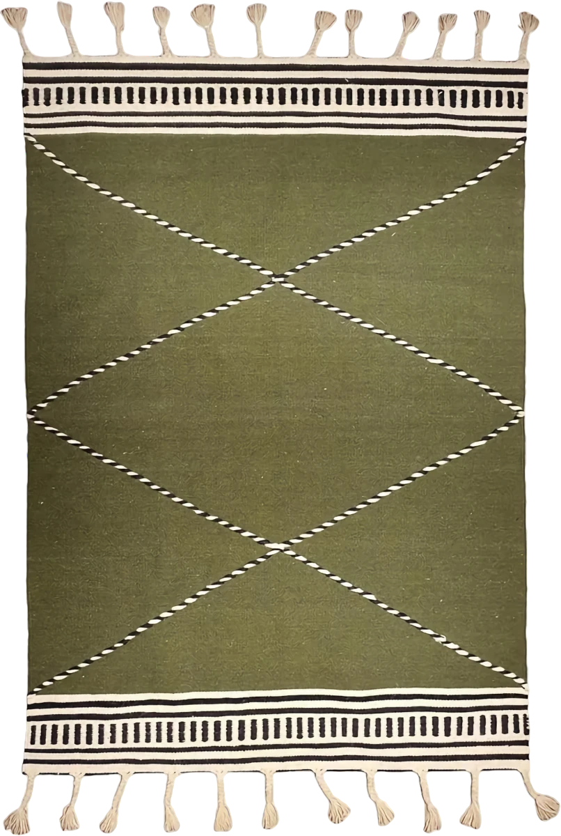 Handmade Modern Green, Dark Blue And Off White Kilim