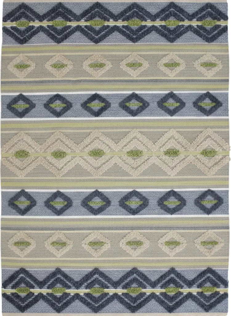 Handmade Modern Off White, Dark Blue And Green Kilim