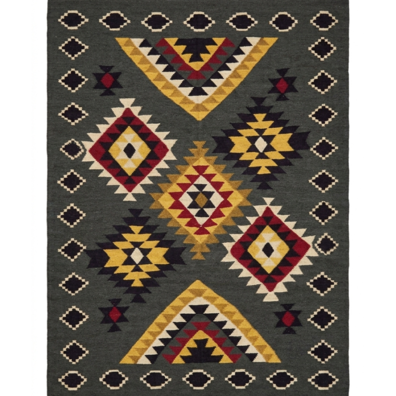 Handmade Modern Based Gray, Black And Colorful Kilim