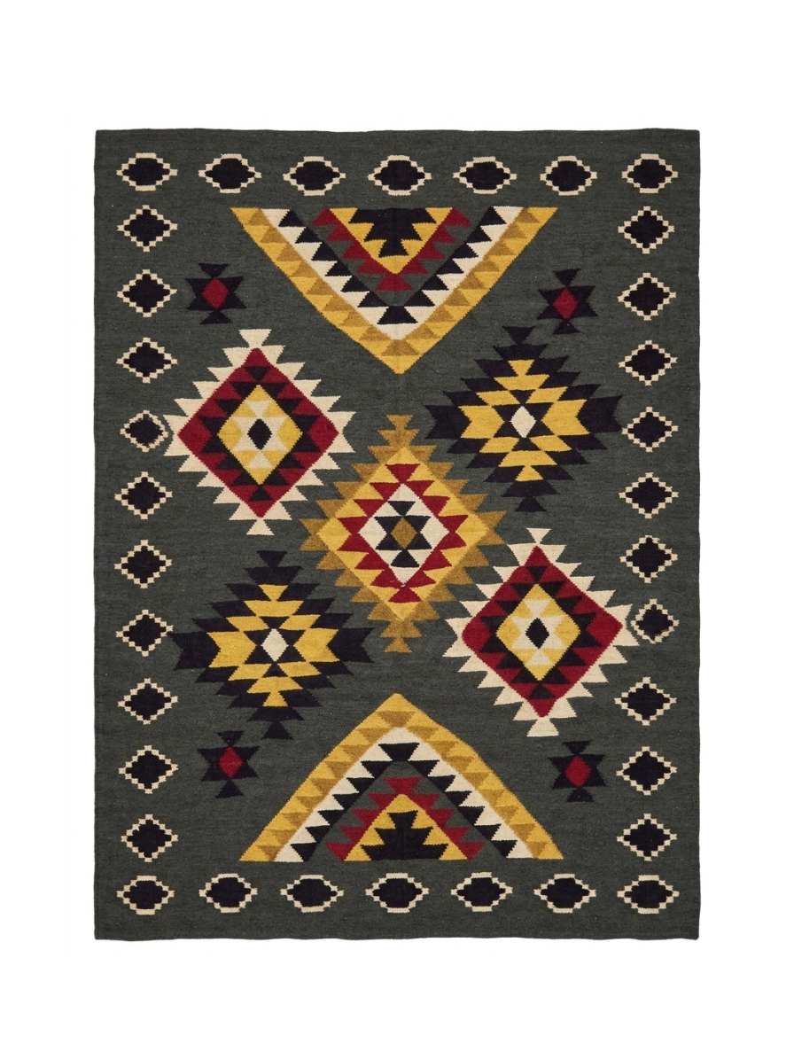 Handmade Modern Based Gray, Black And Colorful Kilim