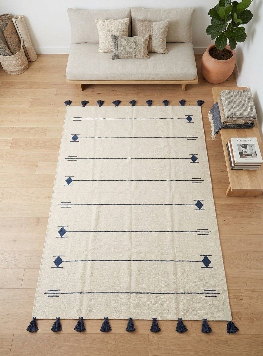 Handmade Modern Off White & Dark Blue Wool Rug with Geometric Design - Image 2
