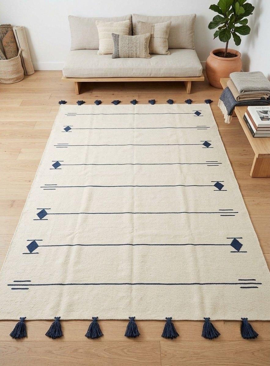 Handmade Modern Off White & Dark Blue Wool Rug with Geometric Design - Image 3