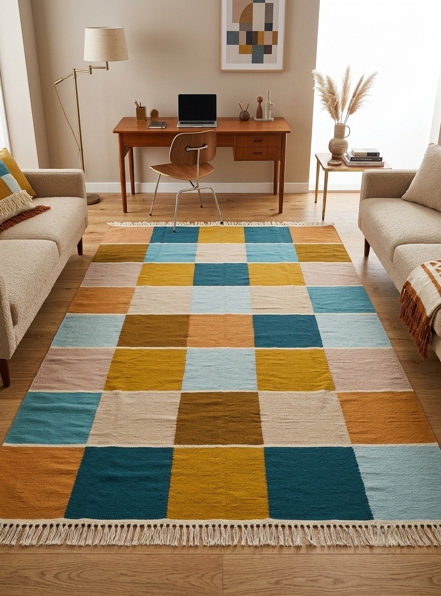 Handmade Modern Geometric Wool Kilim Rug Multi Color - Image 3