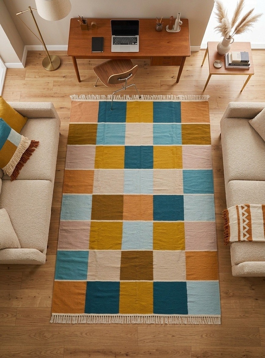 Handmade Modern Geometric Wool Kilim Rug Multi Color - Image 2