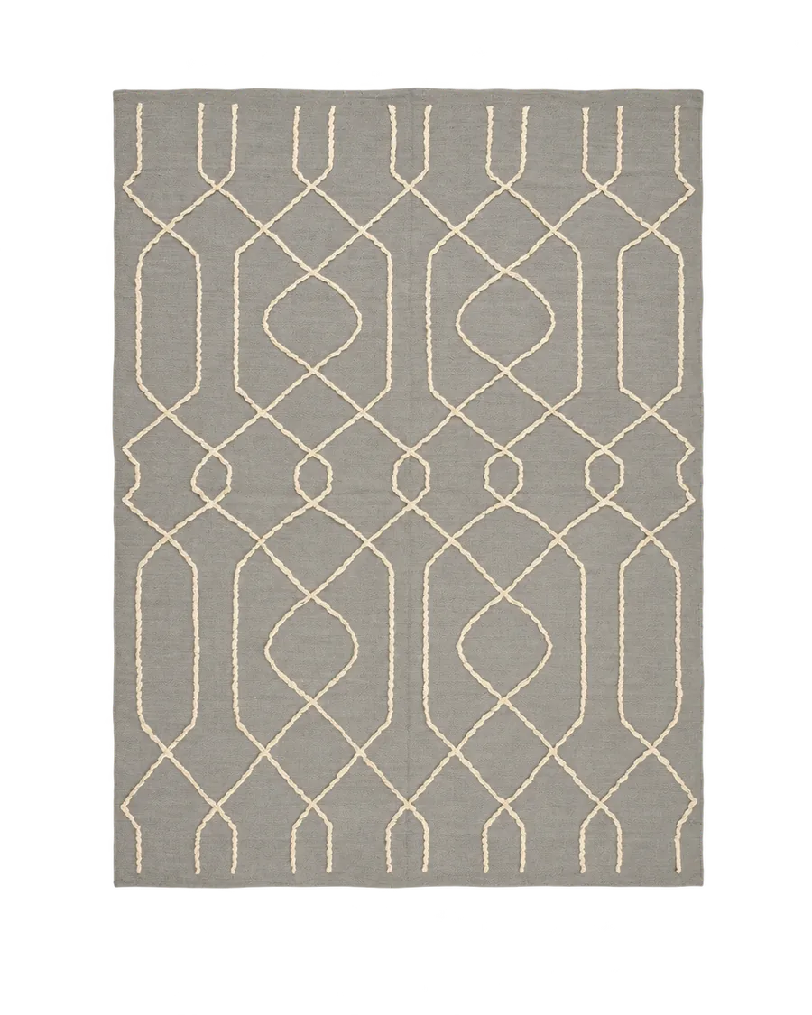Warm grey kilim with raised off-white looping geometric lines