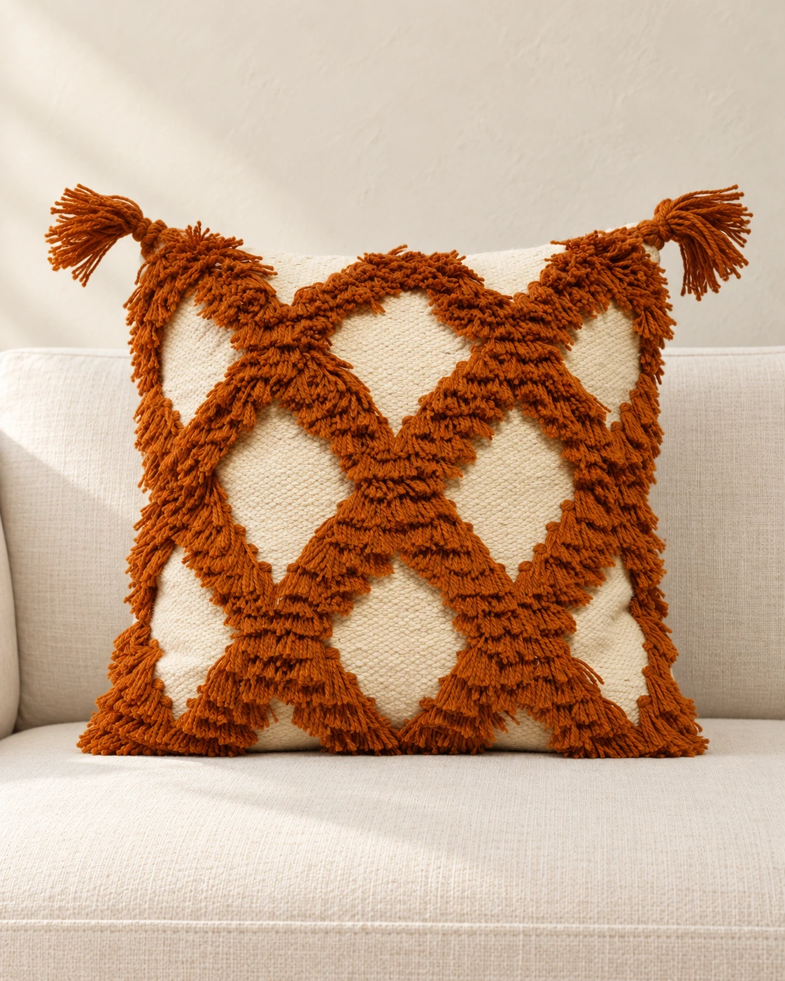 Handmade Modern Off White And Dark Orange Cushion