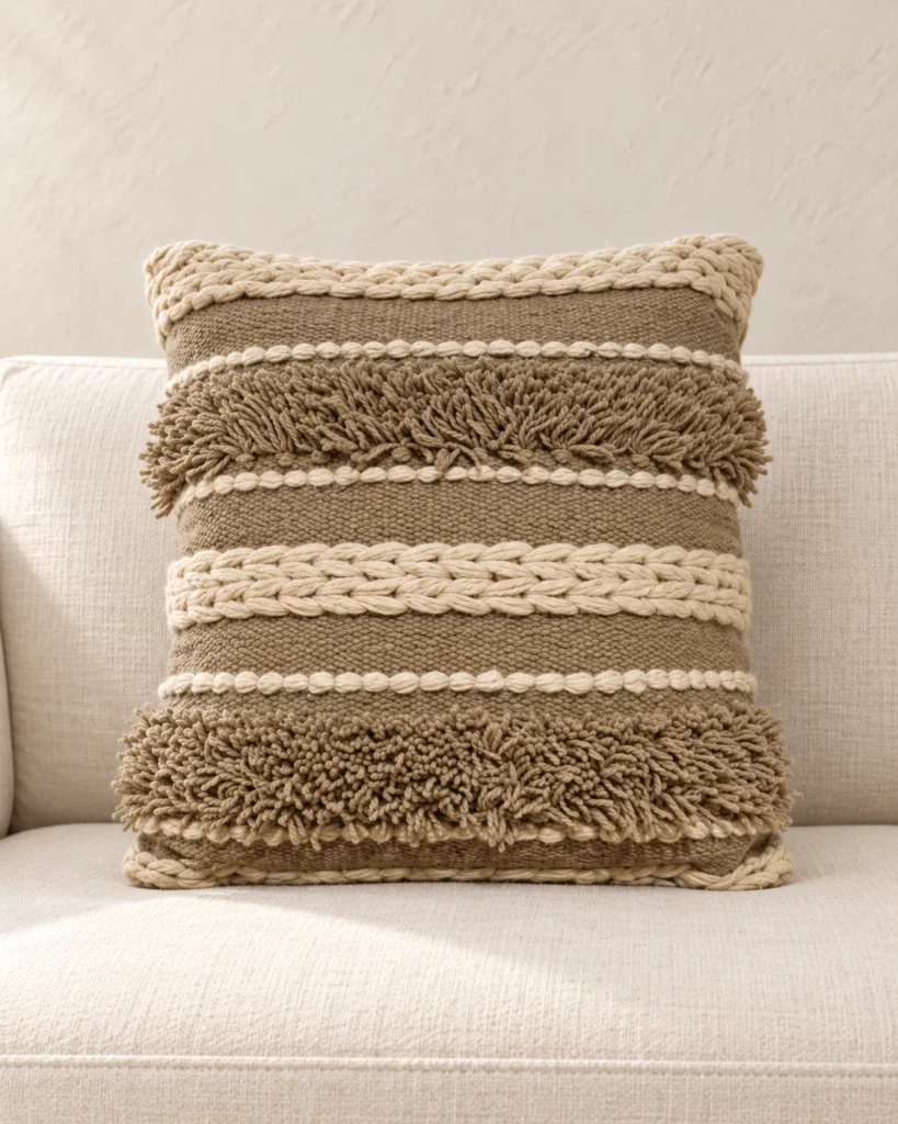 An off-white and taupe handmade cushion with braided stripes on a cream linen sofa